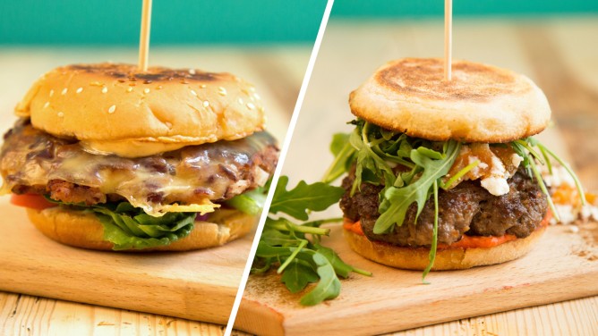 Burger mit Fleisch und vegetarisch Burger mit Fleisch und vegetarisch