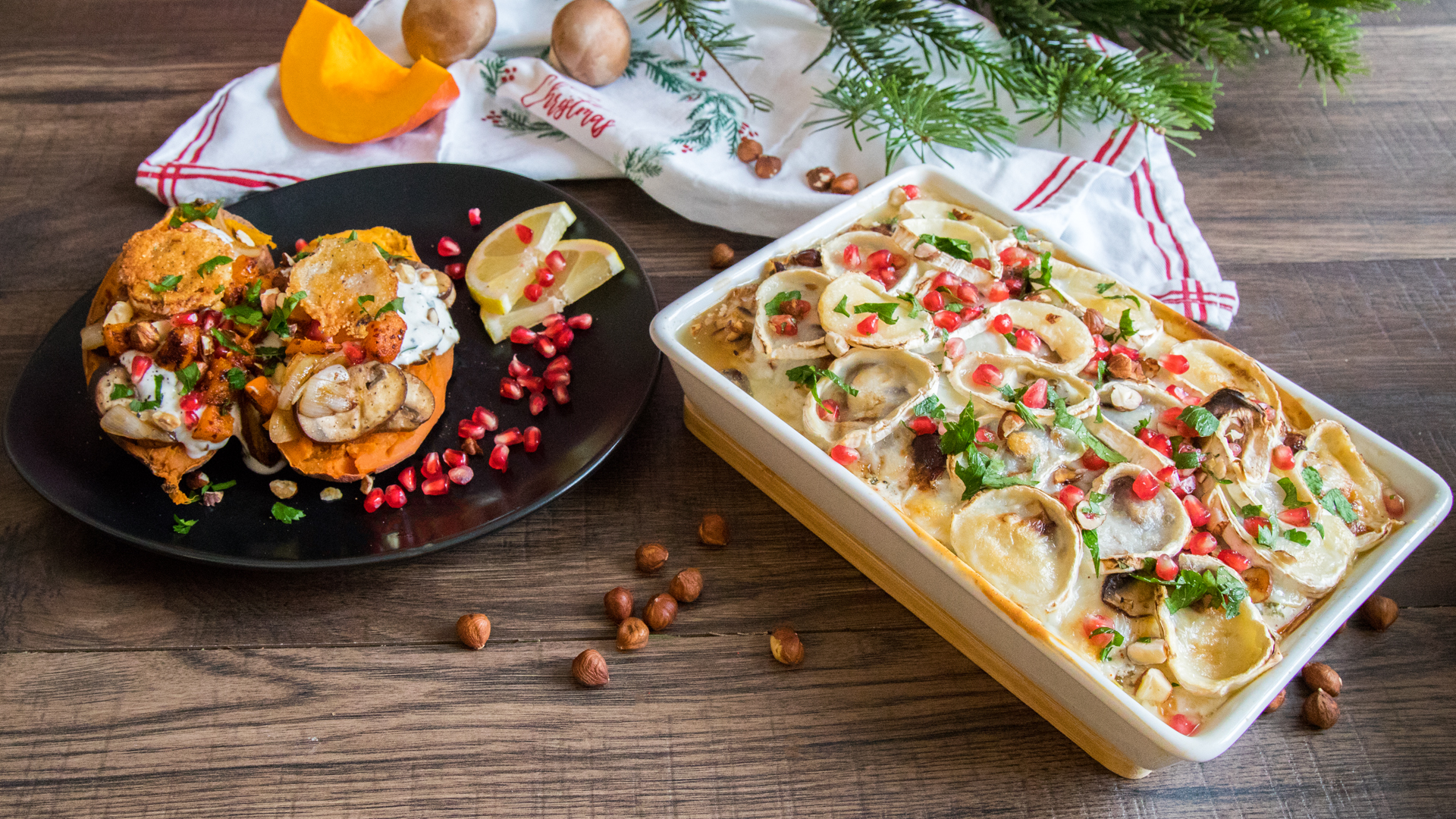 Süßkartoffel-Kumpir und Kürbisauflauf mit Champignons